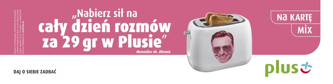 Cały dzień rozmów za 29 gr w Plusie! Toster z wizerunkiem uśmiechniętego mężczyzny i tosty. Promocja