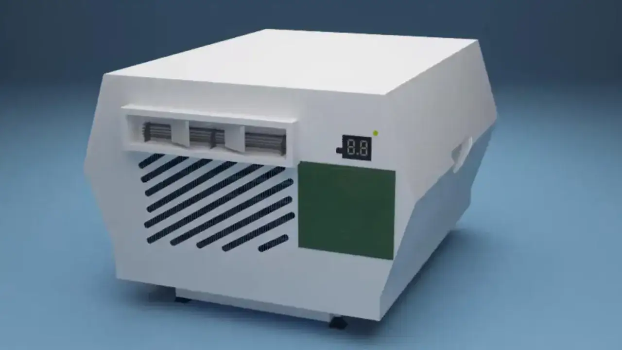 Unidad de aire acondicionado blanca con rejillas y pantalla digital. Utiliza refrigerante R290 para un enfriamiento eficiente.