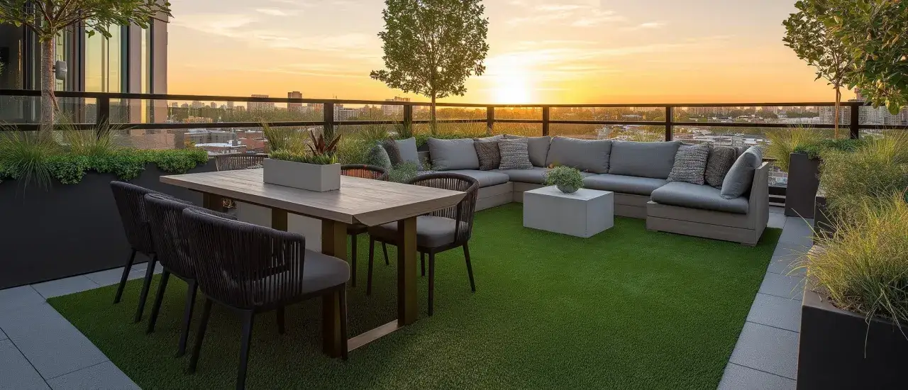 Terraza con sof&aacute; modular gris, mesa de comedor y sillas sobre c&eacute;sped artificial de altura perfecta. Al atardecer, la vista de la ciudad es espectacular.