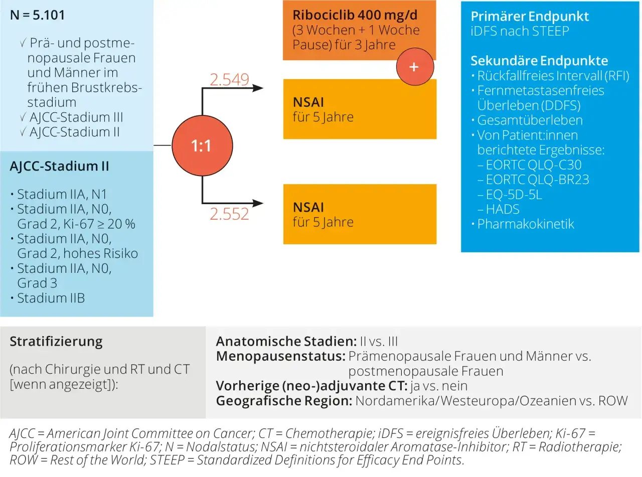 Studie mit 5.101 Patient:innen: Ribociclib (eine Chemotherapie) vs. NSAI für 5 Jahre. Randomisierung 1:1. Primäre Endpunkte: iDFS nach STEEP.