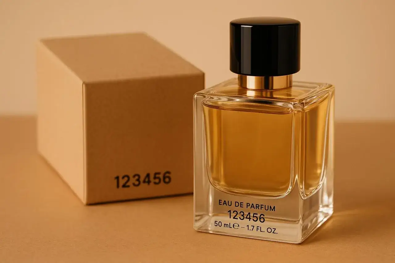 Elegancka butelka perfum z numerem 123456 i pudełko obok. Czy Notino ma oryginalne perfumy? Ten flakon wygląda na autentyczny.