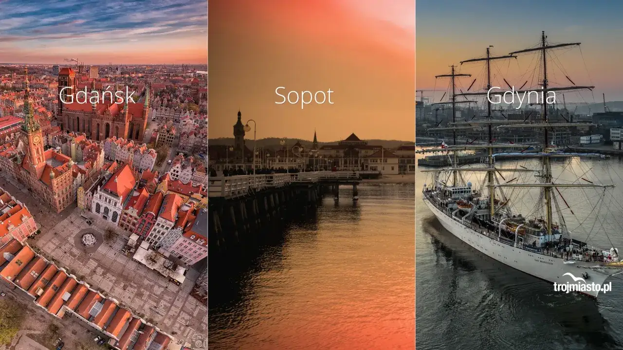 Trójmiasto atrakcje na weekend: Gdańsk z lotu ptaka, molo w Sopocie o zachodzie słońca i żaglowiec w Gdyni.