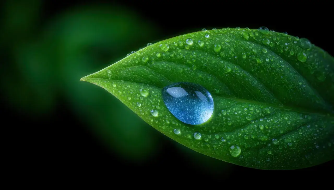 Goutte d'eau bleue reflétant la lumière sur une feuille verte, capturée en mode macro. Les détails de la nature sont magnifiés.