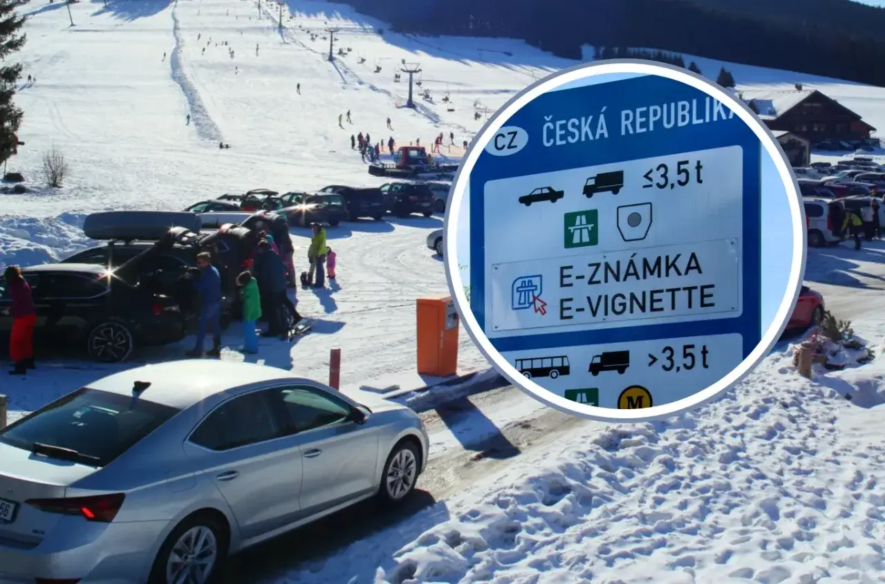 Znak informuje o cenie winiety Czechy dla pojazdów do 3,5 tony. W tle zimowy stok narciarski i parking.