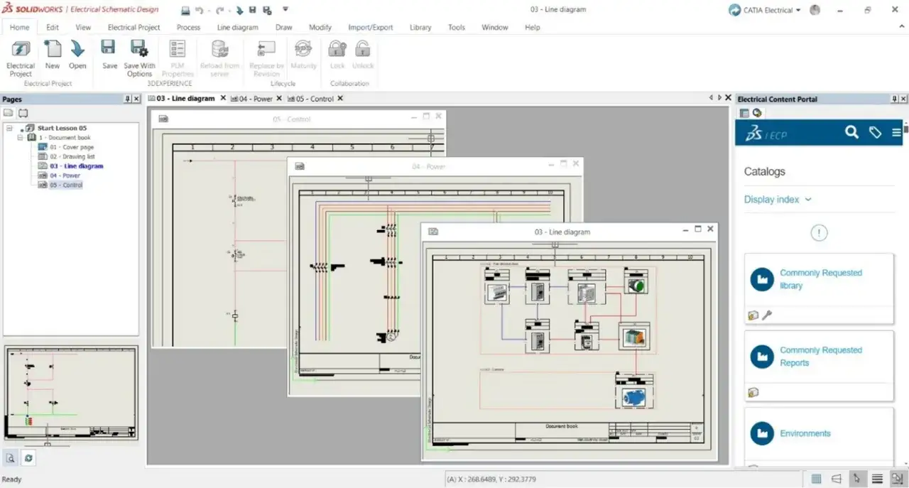 Program do rysowania schematów elektrycznych. Na ekranie widać interfejs CATIA Electrical, z otwartymi oknami z różnymi diagramami.