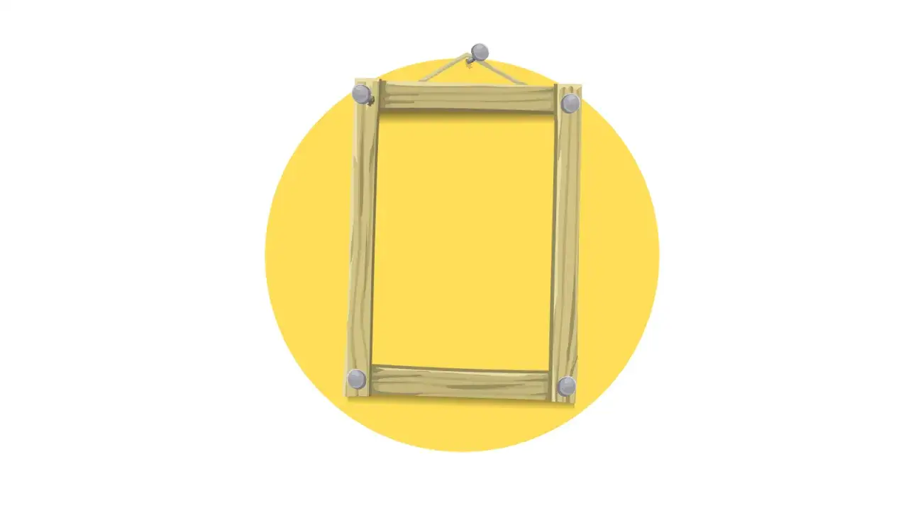 Cornice di legno grezzo appesa con chiodi su sfondo giallo. Il framing significato &egrave; racchiudere, definire uno spazio.