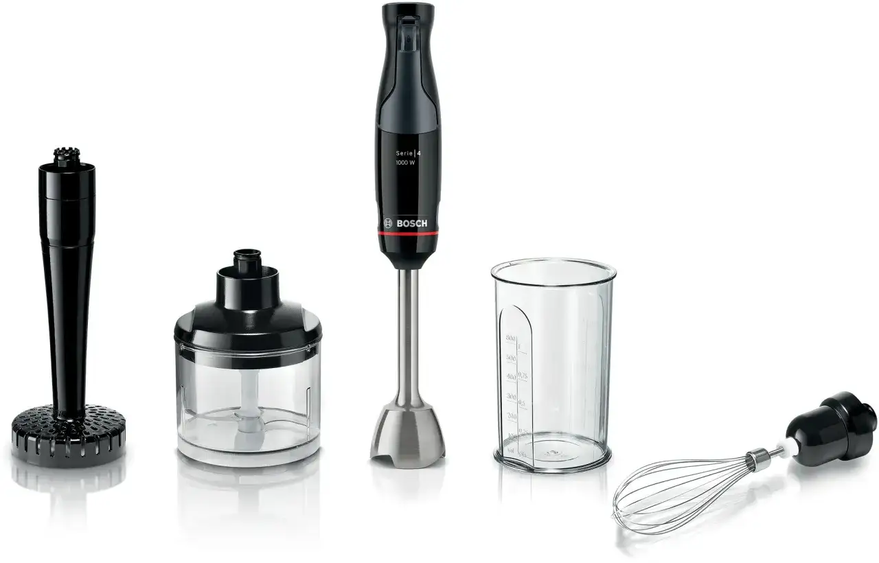 Blender ręczny Bosch z akcesoriami: trzepaczka, pojemnik, rozdrabniacz. Idealny do kuchni, świetny blender ręczny ranking.