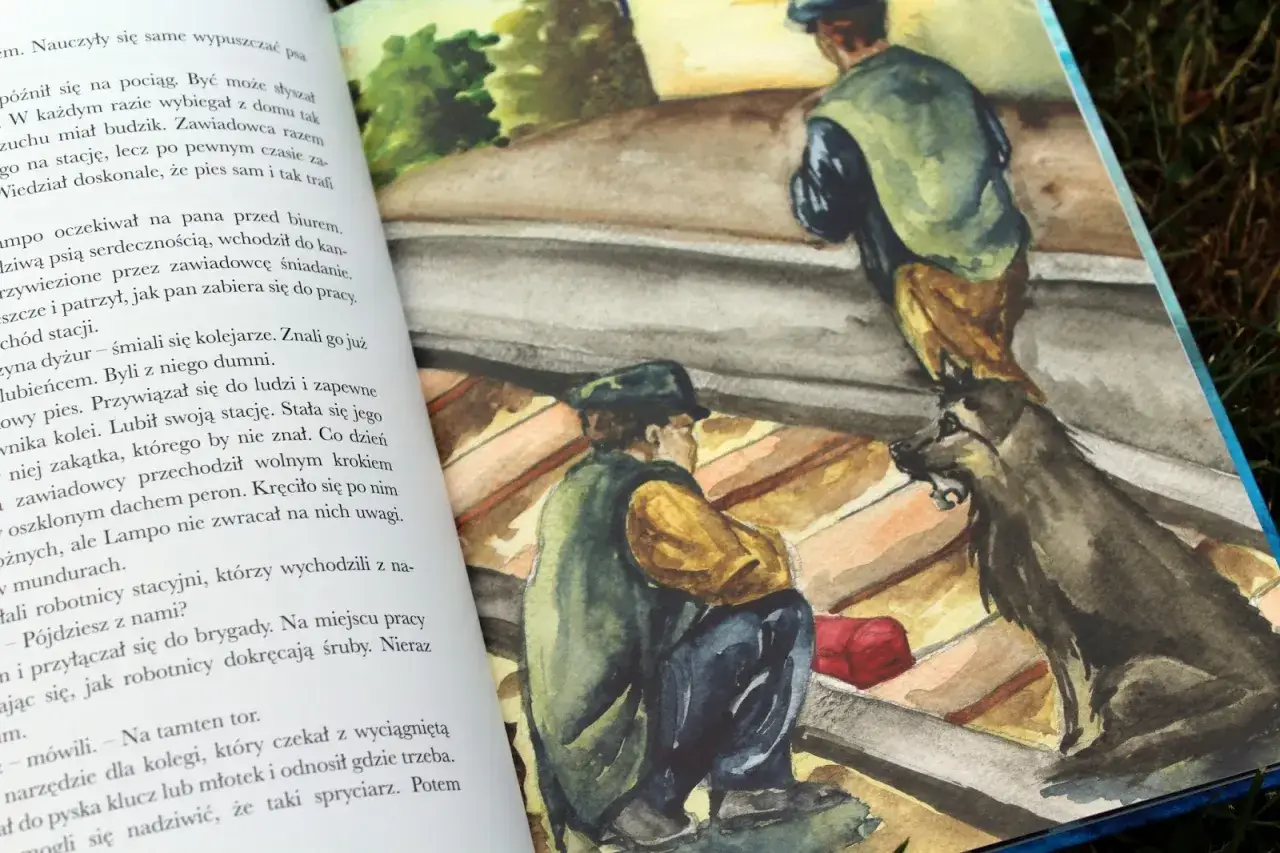 Ilustracja z książki O psie który jeździł koleją pociąg pies