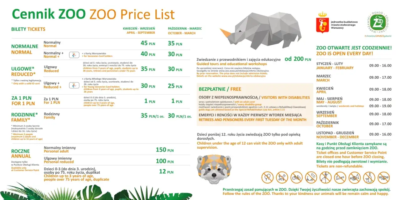 Cennik Zoo Warszawa: bilety normalne od 35 PLN, ulgowe od 30 PLN, rodzinne 35 PLN/os. Sprawdź ceny!