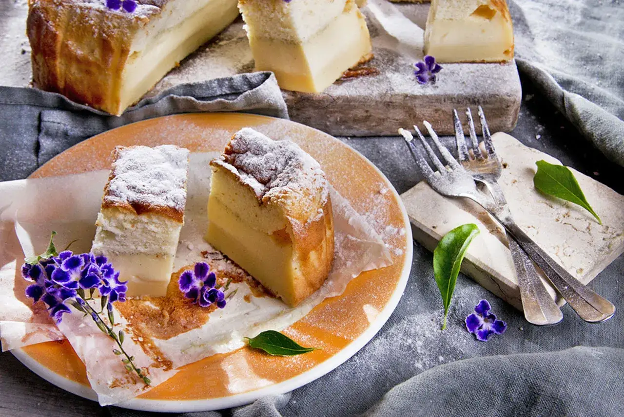 Tranches de g&acirc;teau magique, saupoudr&eacute;es de sucre glace, orn&eacute;es de fleurs violettes. Un d&eacute;lice visuel et gustatif.