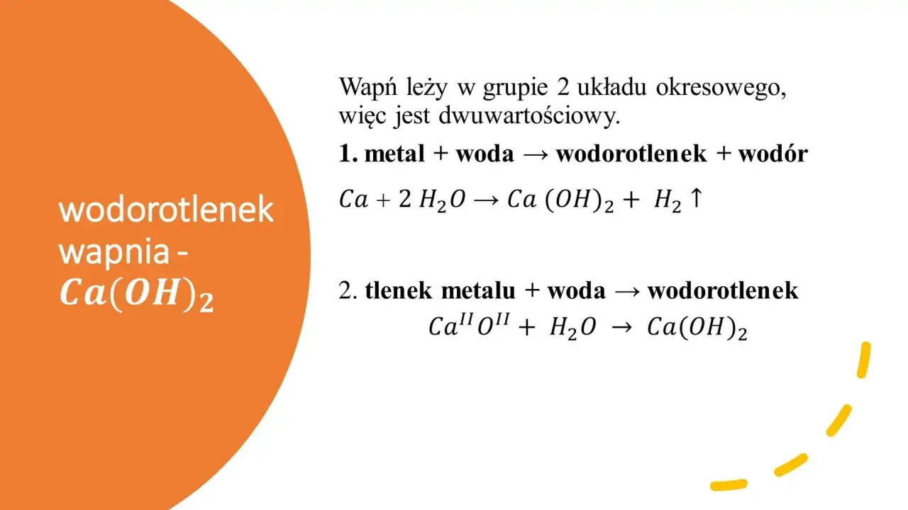 Wodorotlenek wapnia, Ca(OH)₂, powstaje w reakcji wapnia z wodą lub tlenku wapnia z wodą.
