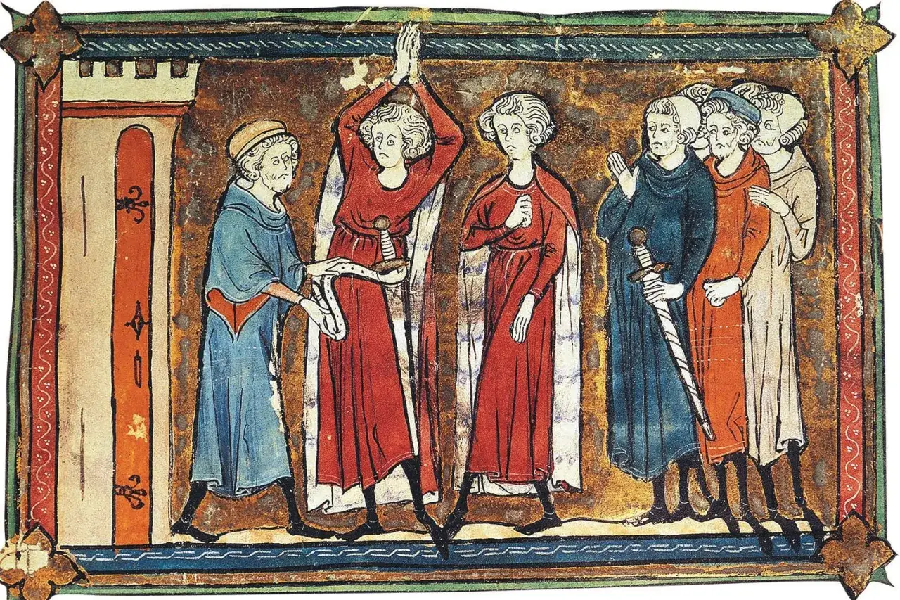 Miniatura medievale: un uomo in blu consegna una spada a un cavaliere errante in rosso. Il significato del cavaliere errante è qui rappresentato come un eroe in cerca di avventure.