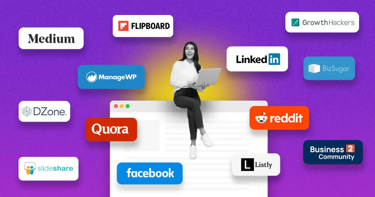 A woman on a laptop surrounded by logos of platforms like Medium, Reddit, and Facebook, showcasing the best platform to share photos.