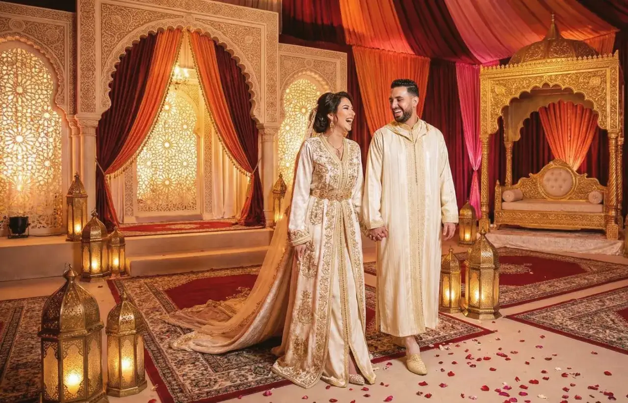 Un couple rayonnant lors d'un mariage arabe, entour&eacute; de d&eacute;corations somptueuses et de lanternes dor&eacute;es.