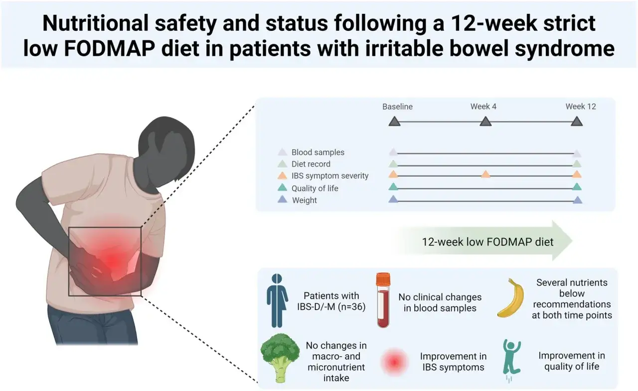 Badania nad dietą low FODMAP u pacjentów z jelitem drażliwym: poprawa objawów, bez zmian w próbkach krwi, ale z uwagą na niektóre składniki odżywcze.