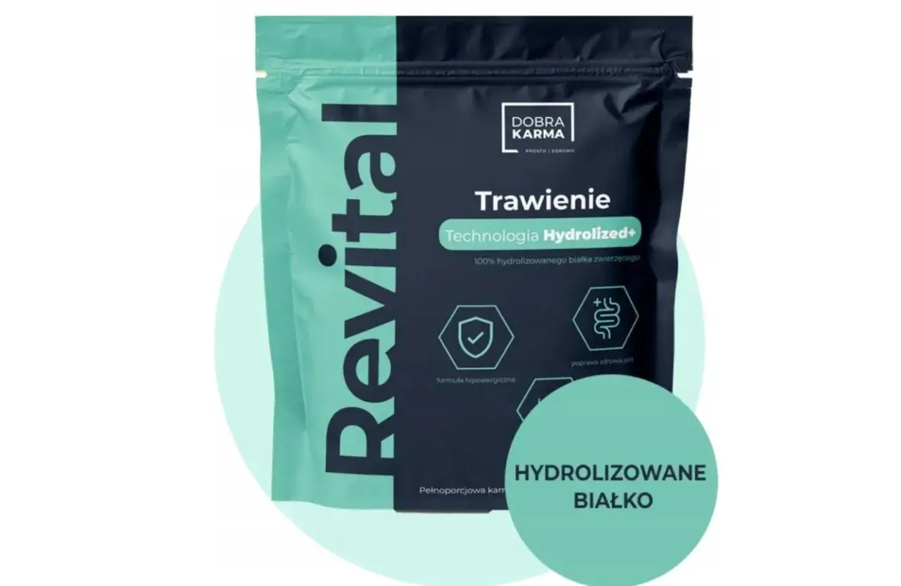 Opakowanie mokrej karmy dla kota Revital z technologią Hydrolized+. Zawiera 100% hydrolizowanego białka zwierzęcego, formułę hipoalergiczną i wspiera trawienie.