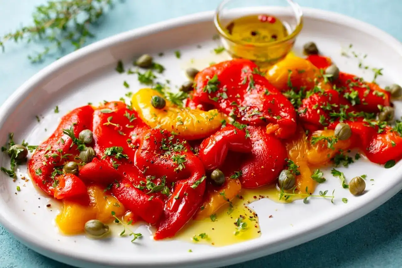 Poivrons marin&eacute;s rouges et jaunes, garnis de c&acirc;pres et de persil frais, arros&eacute;s d'une vinaigrette &agrave; l'huile d'olive.