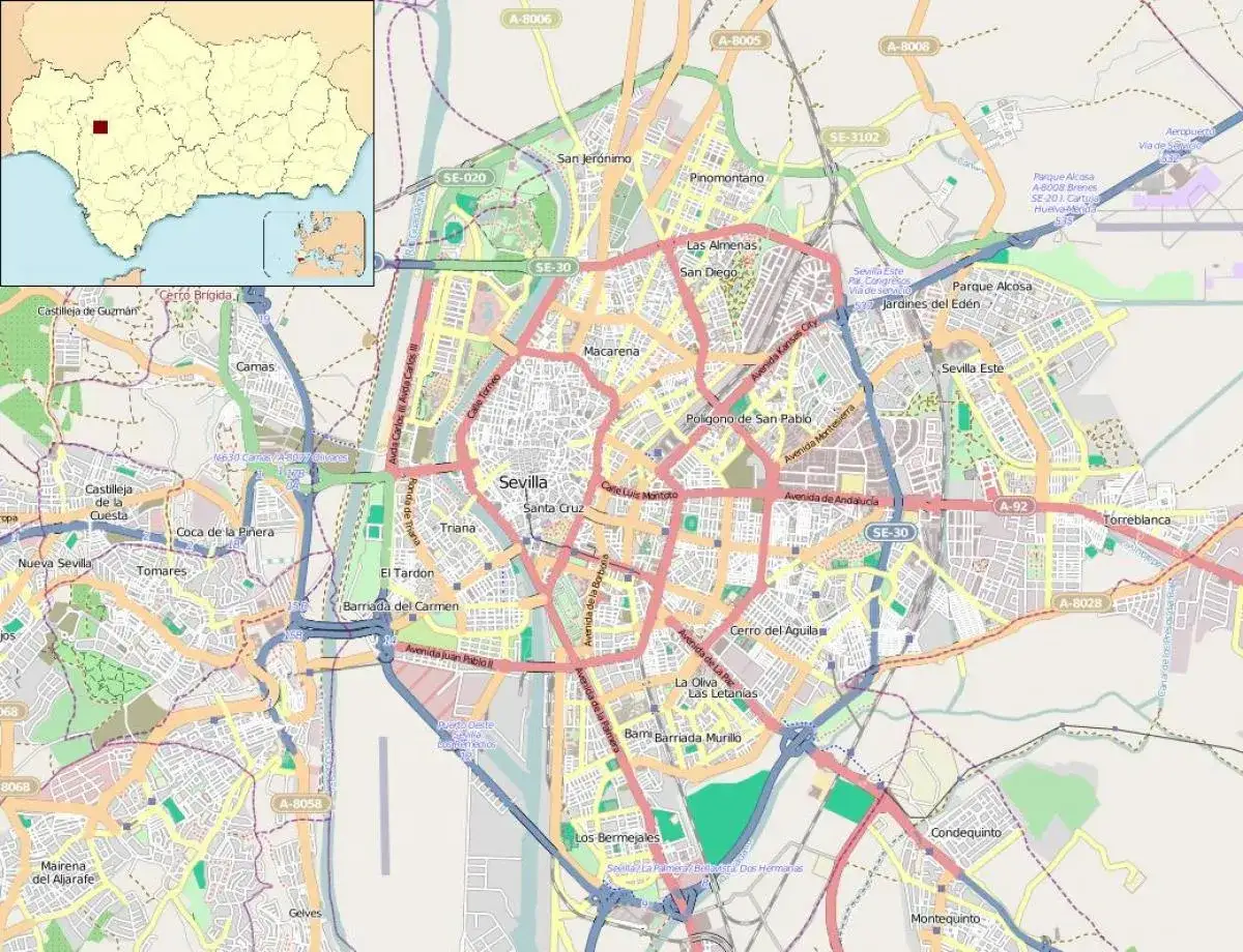 Mapa drogowa Sewilli, ukazująca centrum miasta, dzielnice takie jak Triana, Macarena, Santa Cruz, oraz drogi SE-30, A-8006, A-8008.