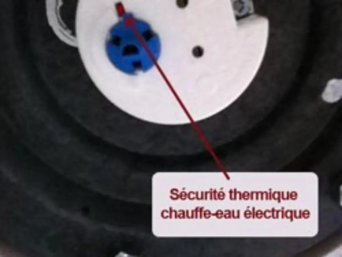 Gros plan sur la sécurité thermique d'un chauffe-eau électrique. Le bouton bleu est le thermostat.