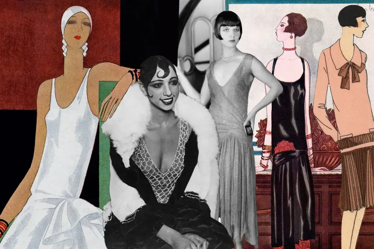 Kobiety w eleganckich, zwiewnych sukniach i futrach, uosabiające modę lat 20. Stylizacje z epoki, pełne szyku i blichtru.
