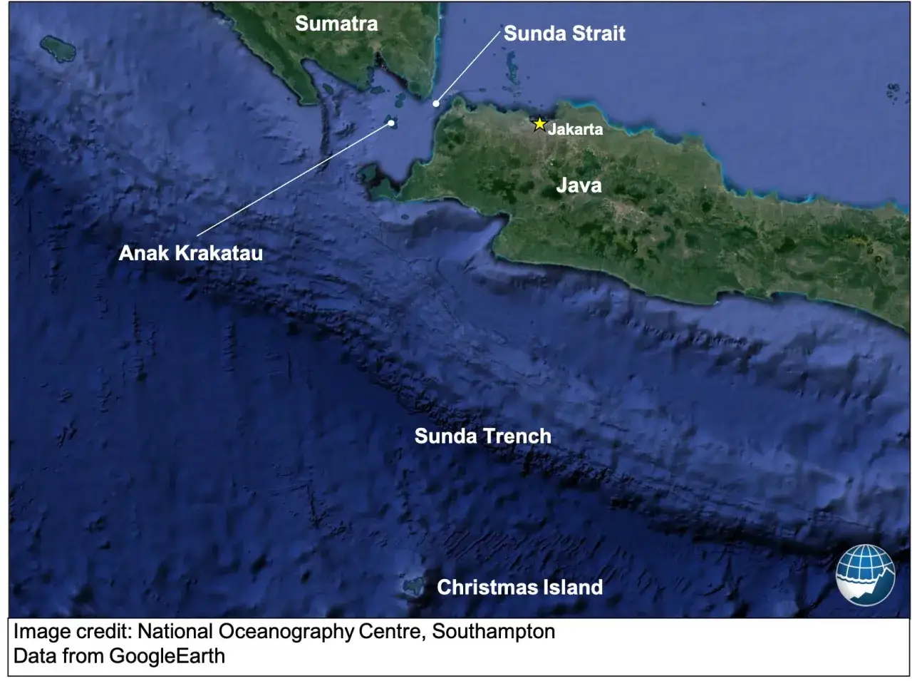 Mapa satelitarna Indonezji, pokazująca Cieśninę Sundajską, Sumatrę, Jawę, Dżakartę, Rów Sundajski i wyspę Anak Krakatau.