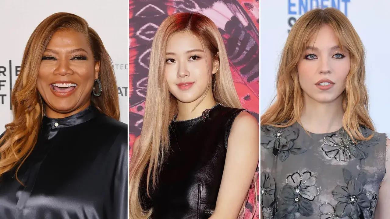 Trzy kobiety: Queen Latifah, Ros&eacute; z BLACKPINK i Sydney Sweeney. Ros&eacute; ma włosy w odcieniu strawberry blonde.