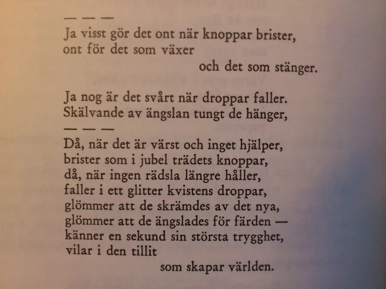 Texten beskriver hur det g&ouml;r ont n&auml;r knoppar brister, men ocks&aring; hur det kan vara sv&aring;rt n&auml;r droppar faller. Det &auml;r en dikt om livets &ouml;verg&aring;ngar.