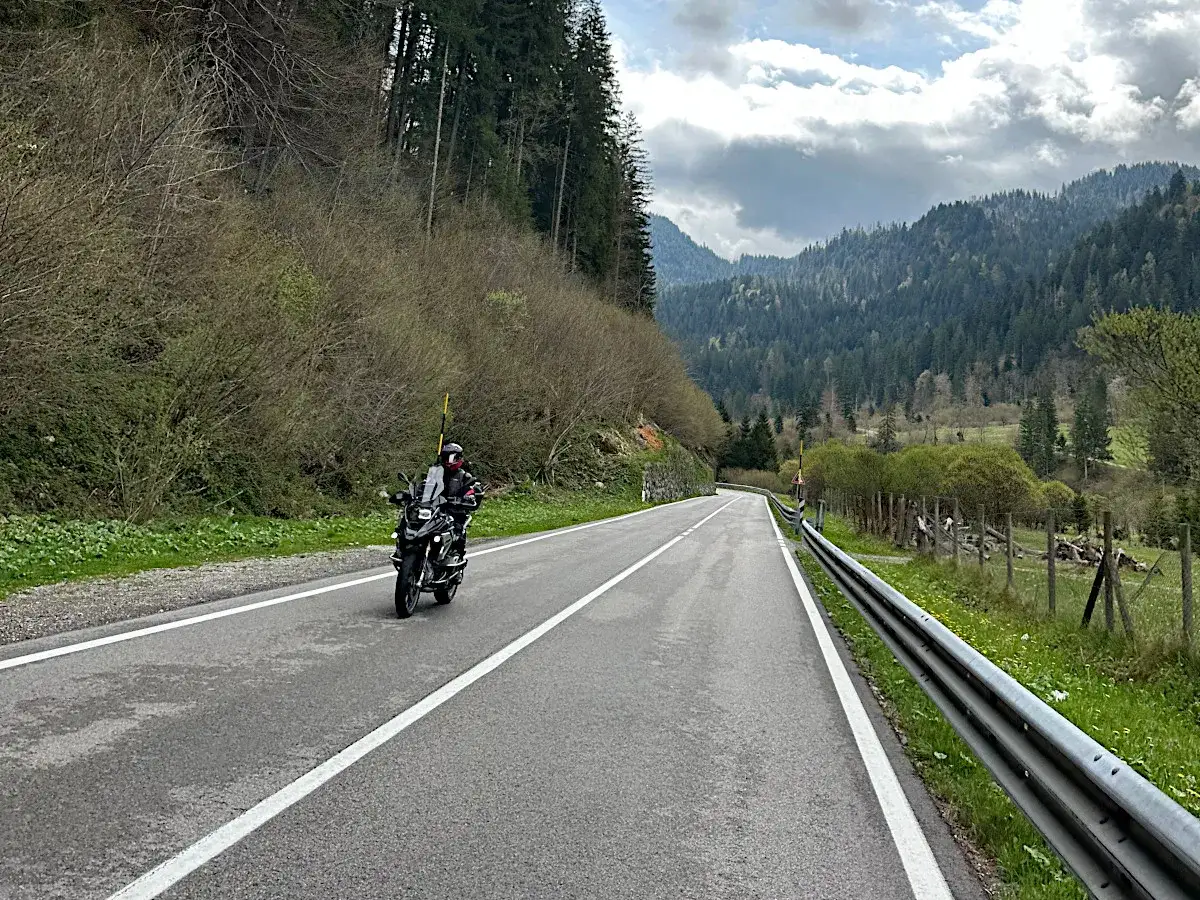 Motociclista su strada panoramica, con montagne boscose sullo sfondo. La **sella Ciampigotto** &egrave; pronta per un'avventura.