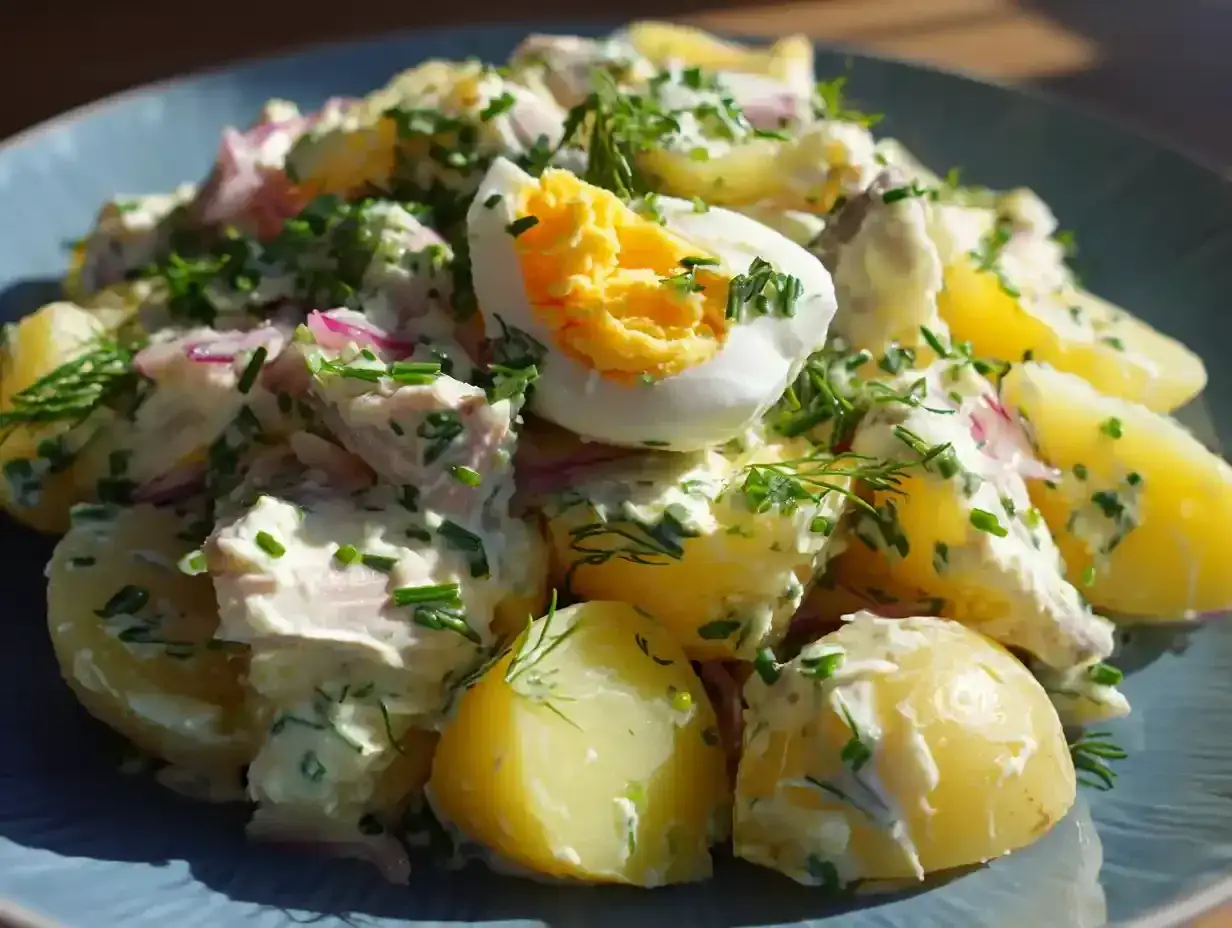 En krämig potatissallad med inlagd sill, ägg och dill. Perfekt till midsommar eller som en del av en smörgåsbord.