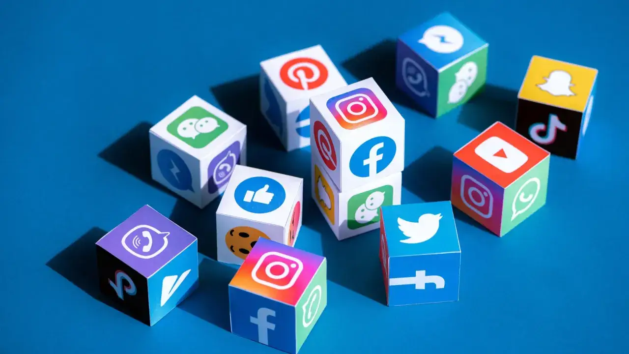 Dadi con loghi di social media (Facebook, Instagram, TikTok, YouTube, Twitter, WhatsApp, Snapchat, Pinterest, Viber, Likee, WeChat) disposti su sfondo blu, un'esplosione di digital adv.