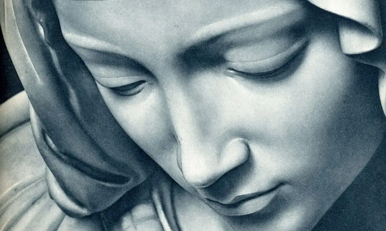 Le visage de la Pieta, empreint de tristesse et de douceur, est repr&eacute;sent&eacute; dans un gros plan saisissant.