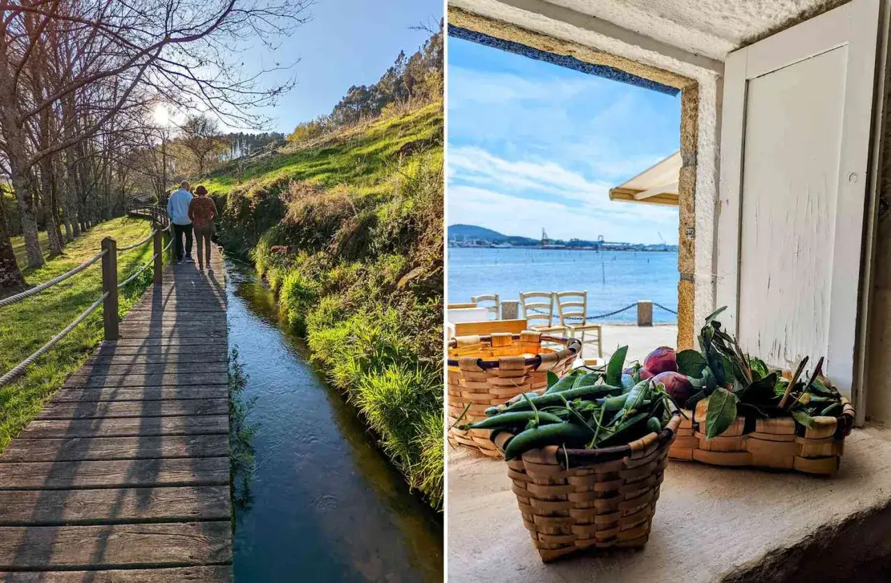 Tv&aring; bilder fr&aring;n Galicien, Spanien. En tr&auml;promenad l&auml;ngs en b&auml;ck i gr&ouml;nskande natur och korgar med gr&ouml;nsaker vid havet.