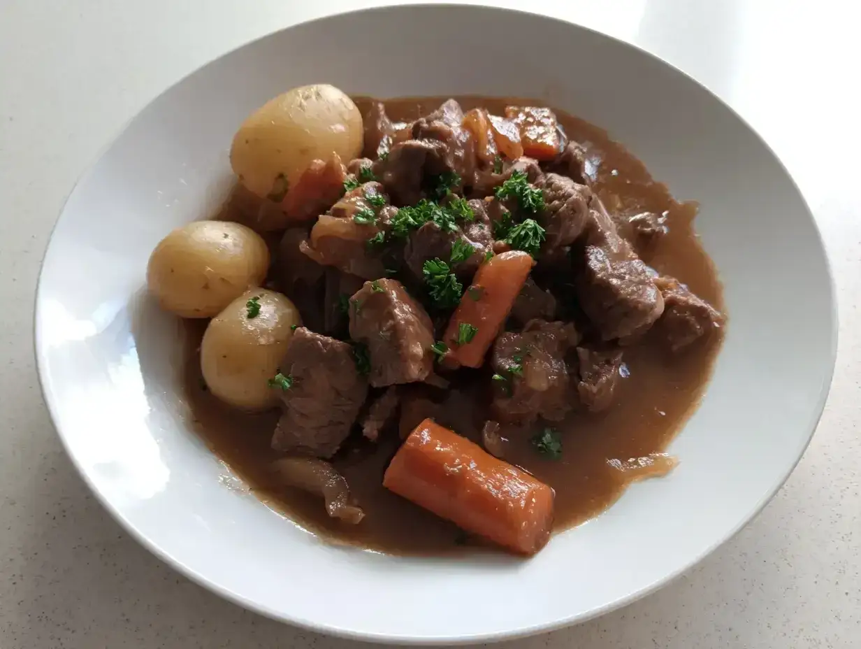 En härlig fransyska gryta med möra köttbitar, mjuka potatisar och saftiga morötter, toppad med färsk persilja.