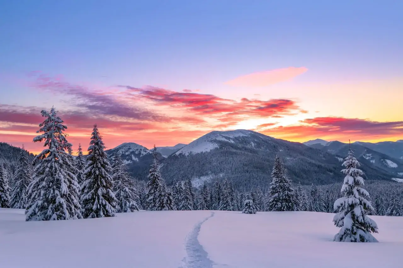 Schneebedeckte Tannen und Berge im Abendrot. Ein Pfad führt durch die verschneite Landschaft. Perfekt für die Frage: wohin im dezember?
