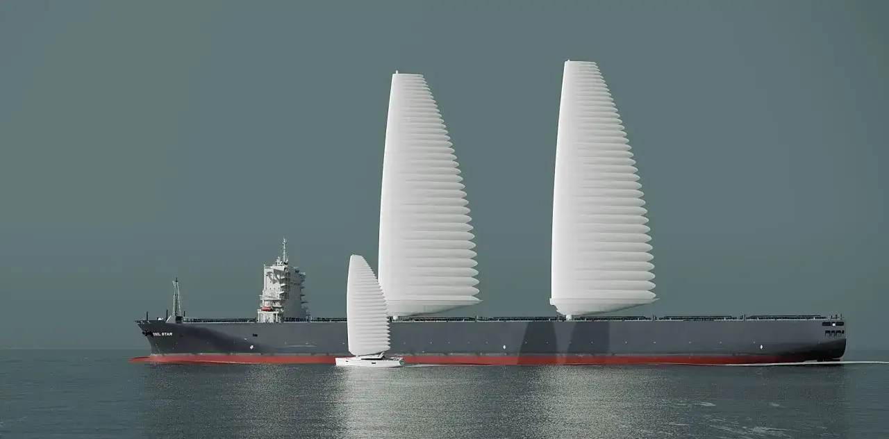 Un cargo futuriste navigue avec deux immenses voiles Michelin, symboles d'une nouvelle ère de navigation éco-responsable.