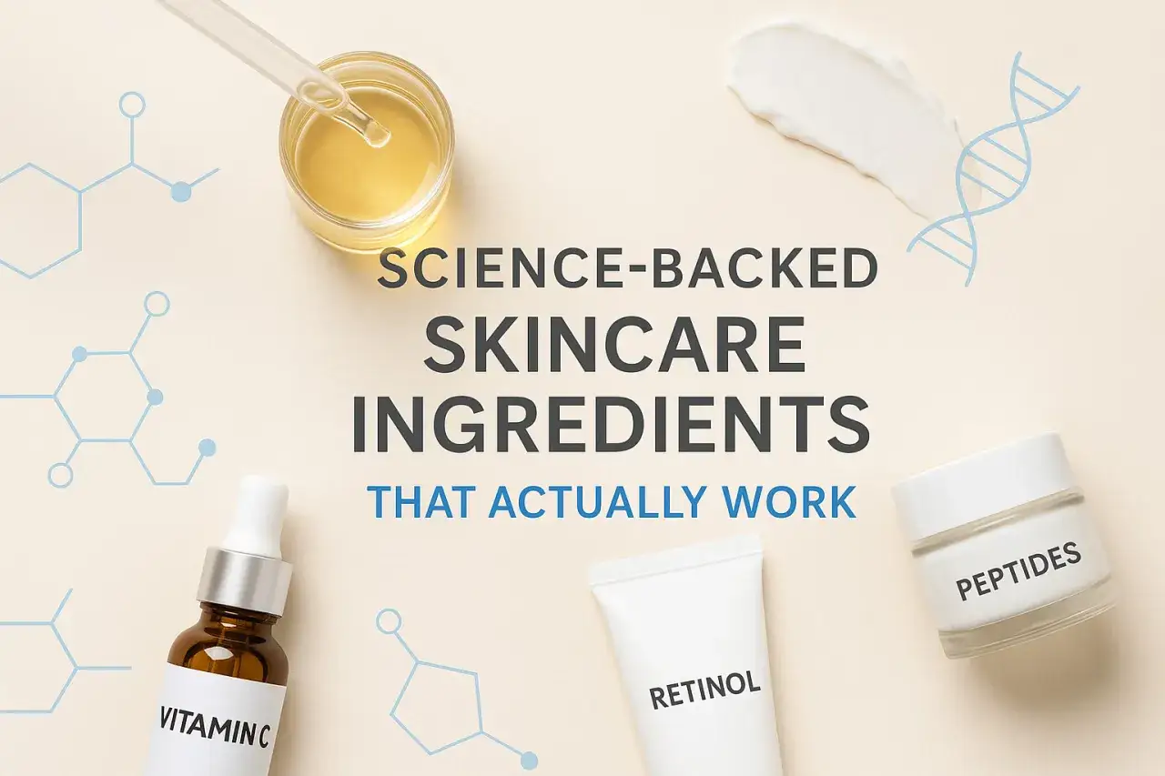 Vetenskapligt baserad aktiv hudvård med vitamin C, retinol och peptider. Molekylära strukturer och DNA-spiraler symboliserar vetenskapen bakom effektiva ingredienser.