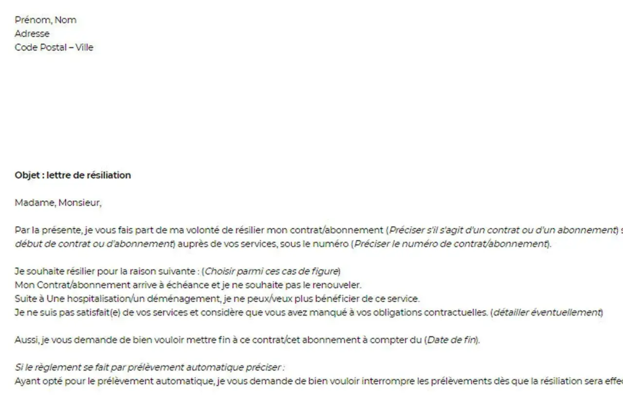 Extrait d'une lettre de demande de radiation pour un contrat ou abonnement, précisant les raisons de la résiliation et la date de fin souhaitée.