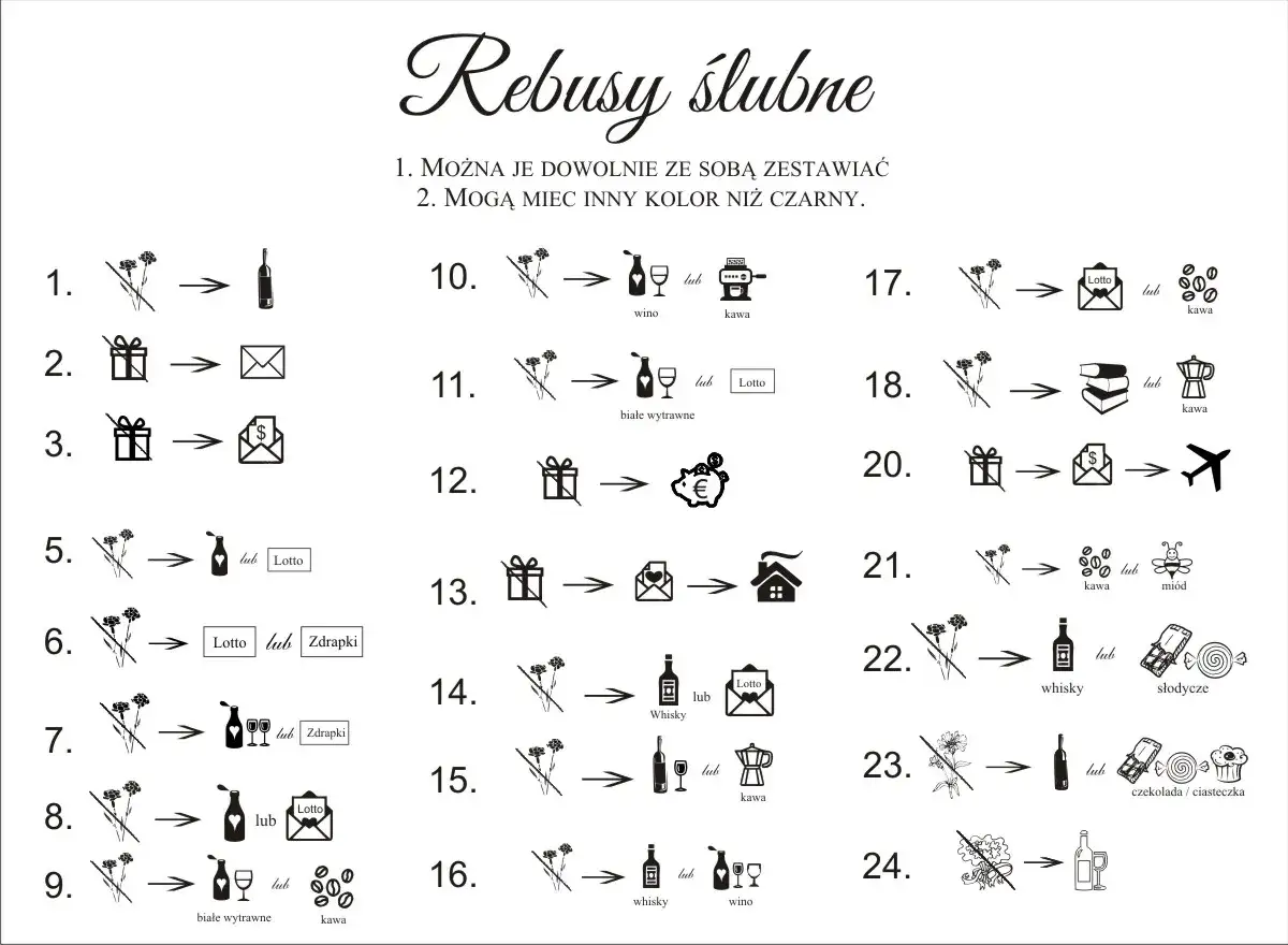 Rebusy do zaproszeń ślubnych: kwiaty, prezenty, wino, kawa, Lotto, podr&oacute;że i inne pomysły na kreatywne teksty.