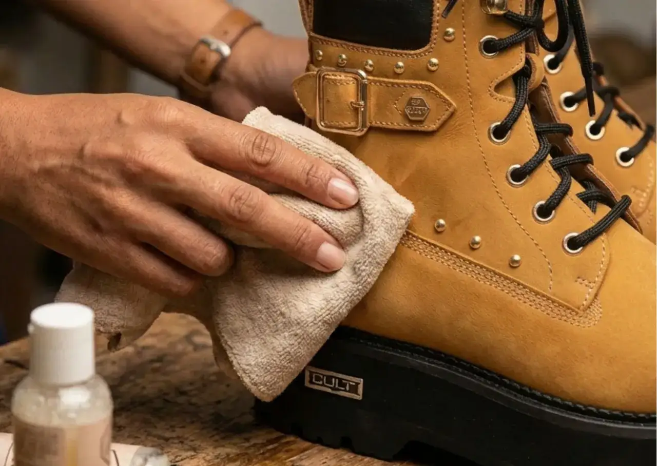 Mani che lucidano uno stivale giallo con un panno, per ammorbidire pelle scarpe e mantenerle al meglio.