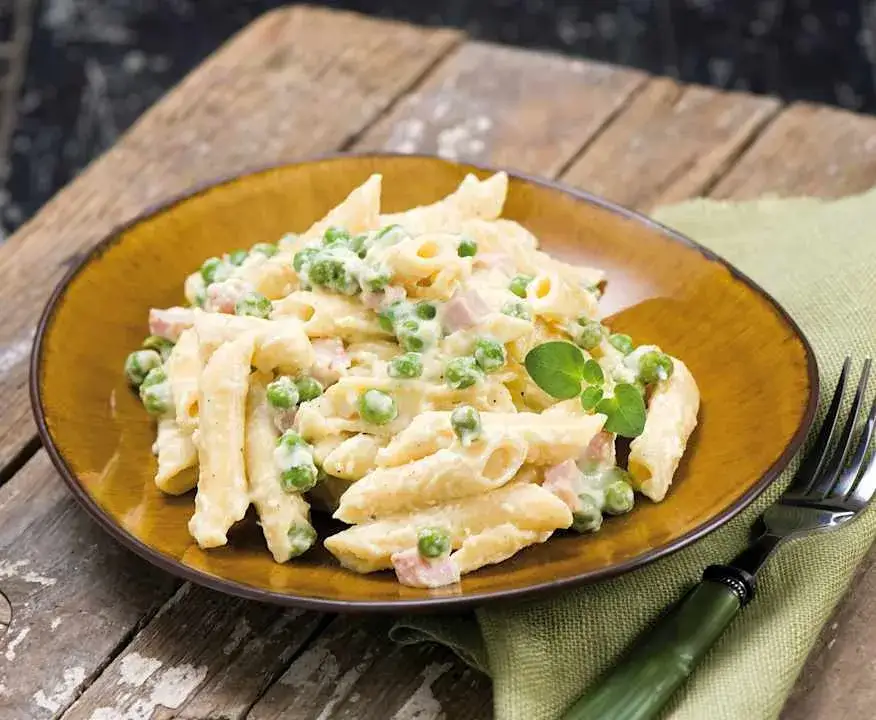 kremowy makaron penne z sosem serowym w białym talerzu