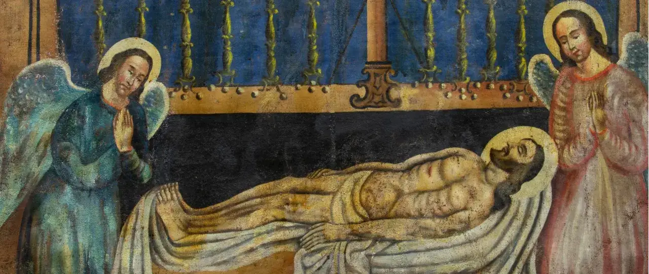 Aniołowie czuwają przy złożonym do grobu ciele Chrystusa. Obraz oddaje nastrój modlitwy na Wielką Sobotę.