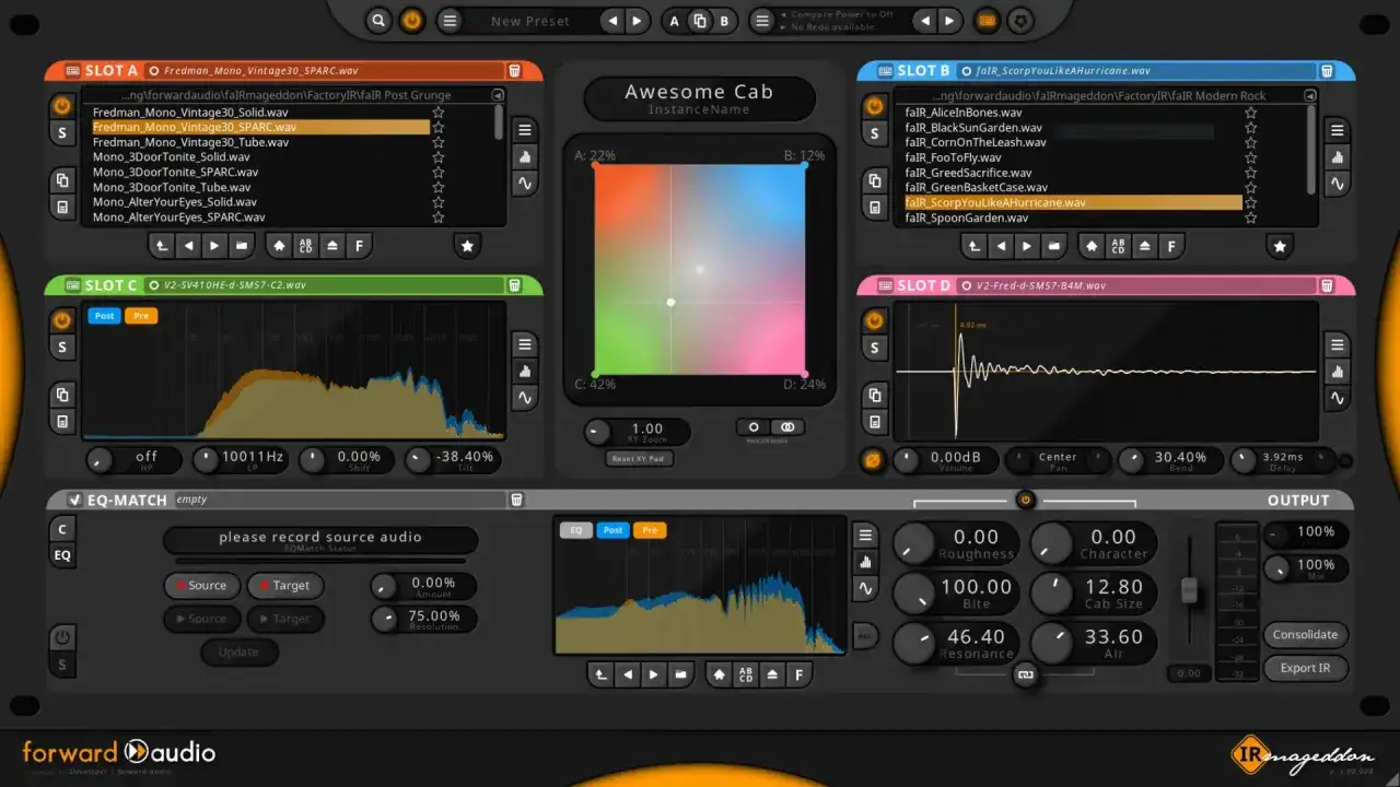 Awesome Cab plugin with multiple slots loaded with free IR cabs, including