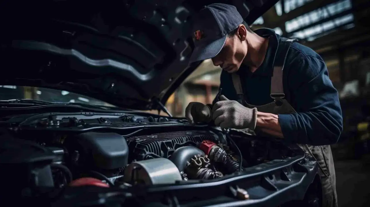 M&eacute;canicien concentr&eacute; sur le moteur d'une voiture, assurant le rodage parfait pour une performance optimale.