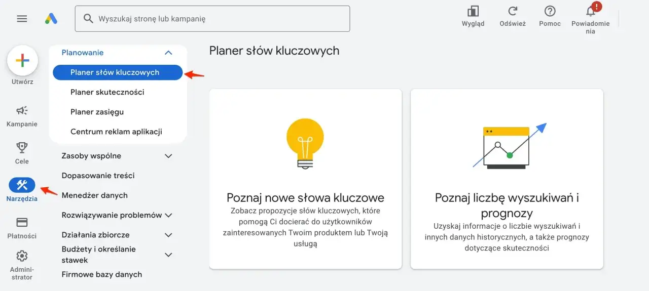 Narzędzie Google Ads: Planer sł&oacute;w kluczowych pomaga znaleźć nowe frazy i prognozuje ich skuteczność.