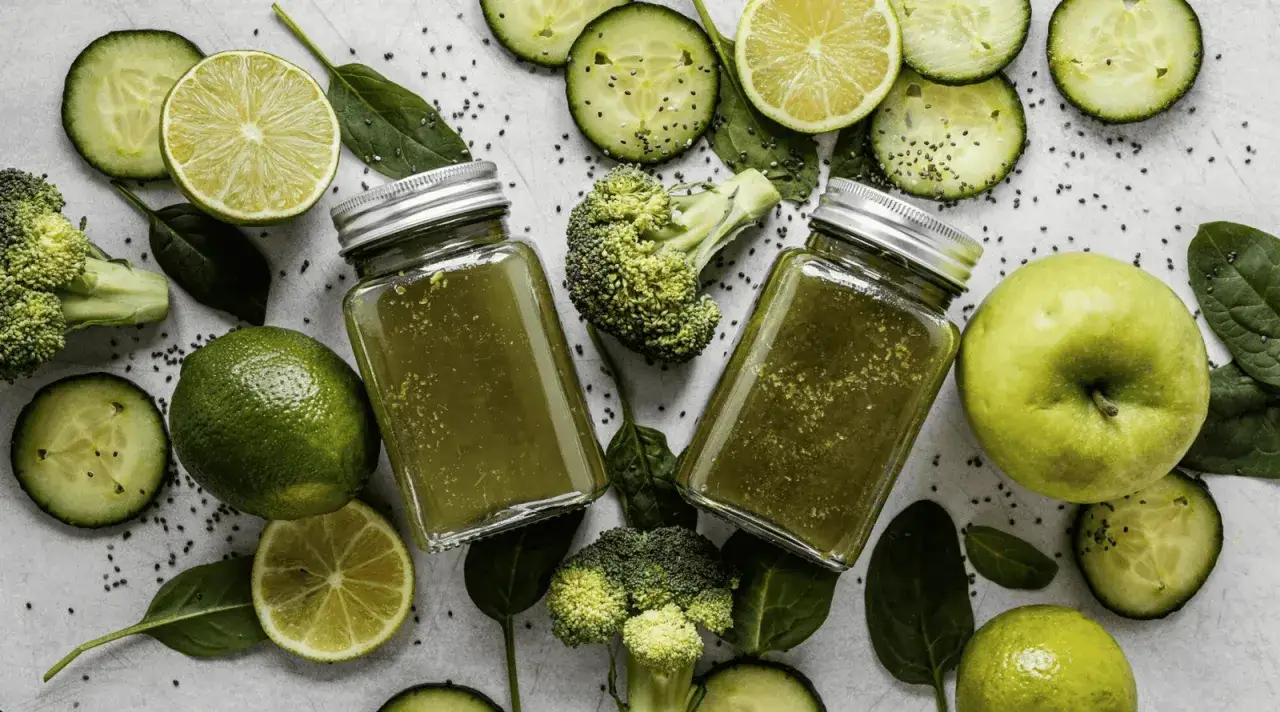 Zielone smoothie w butelkach, z limonkami, jabłkiem, ogórkiem i brokułem. Idealne, by pozbyć się toksyn z organizmu.