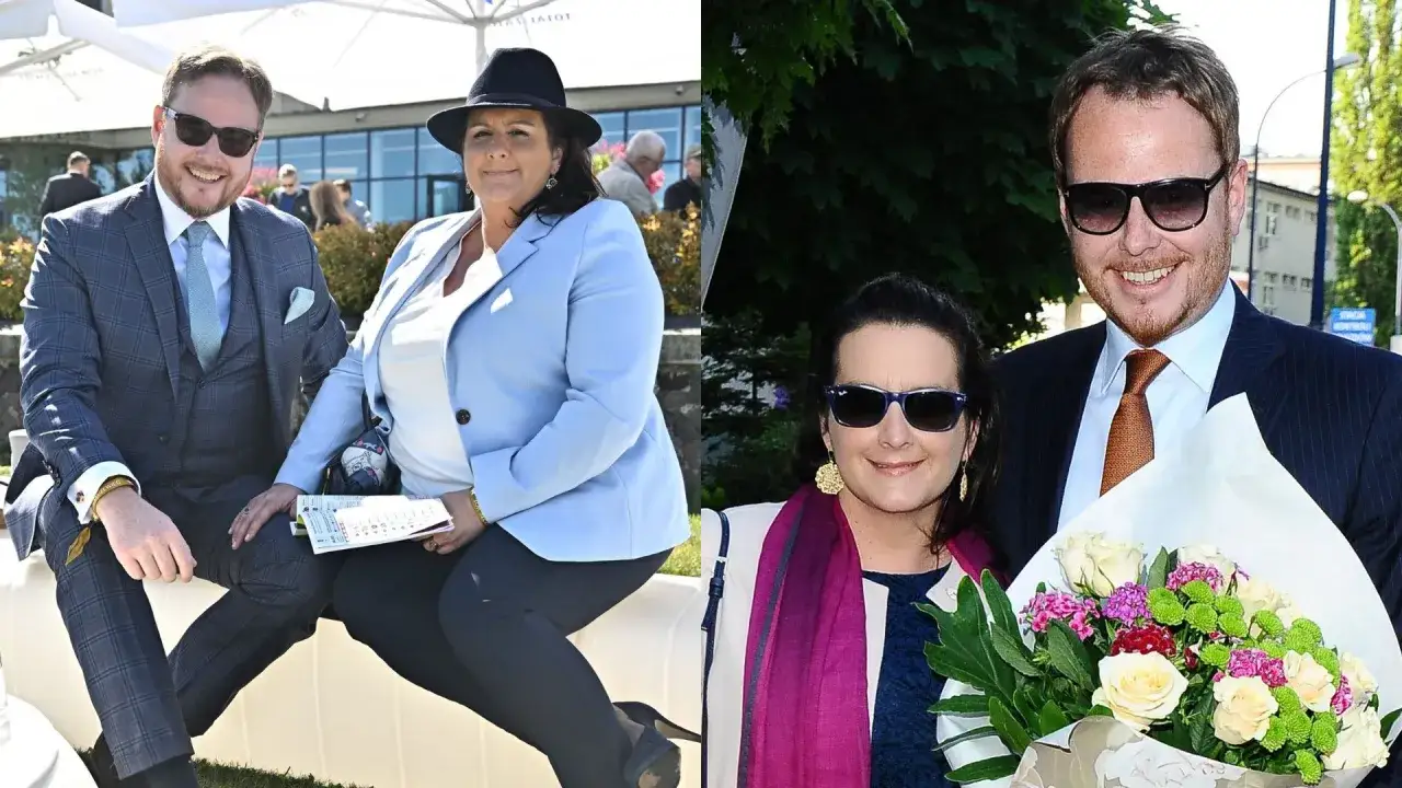 Uśmiechnięta Helena Mańkowska, której data urodzenia jest nieznana, w jasnoniebieskiej marynarce i z kapeluszem na głowie, obok mężczyzny w garniturze.