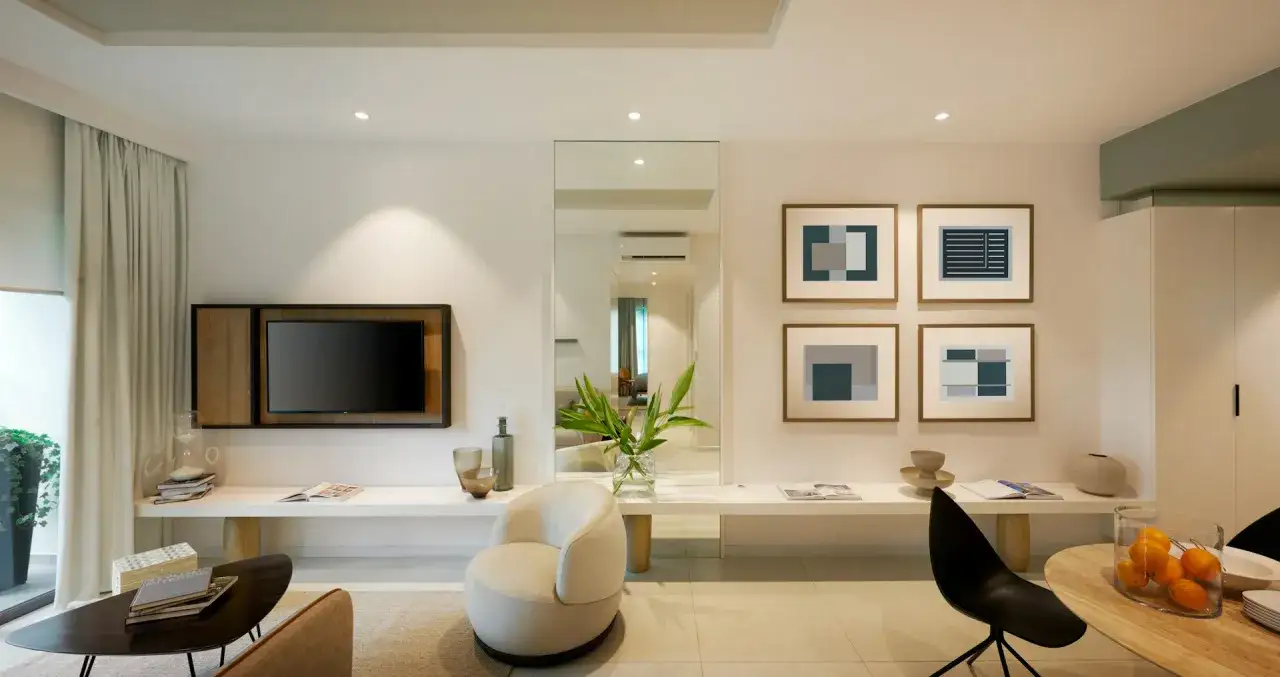 Sala de estar moderna con TV, arte abstracto y un elegante **led integrado** en el techo.