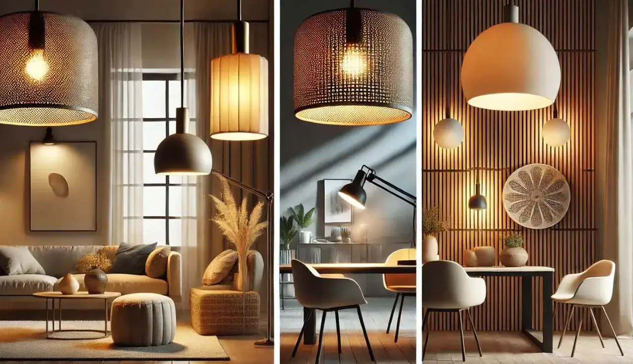 Varias lámparas con pantallas de tela iluminan espacios modernos, creando ambientes cálidos y acogedores.
