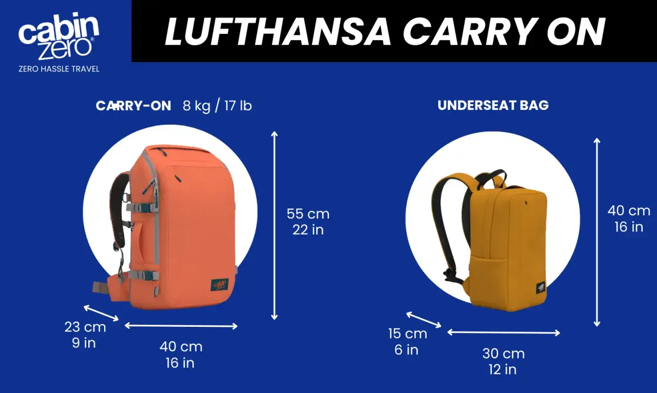Två kabinväskor för Lufthansa: en orange ryggsäck (carry-on) och en gul mindre väska (underseat bag), med mått angivna.