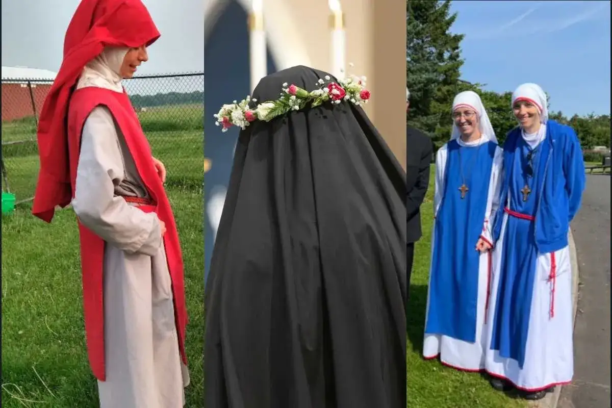 A person in a red hooded robe, a veiled figure with a floral crown, and two nuns in blue and white habits. This shows what friars wear, among other religious attire.